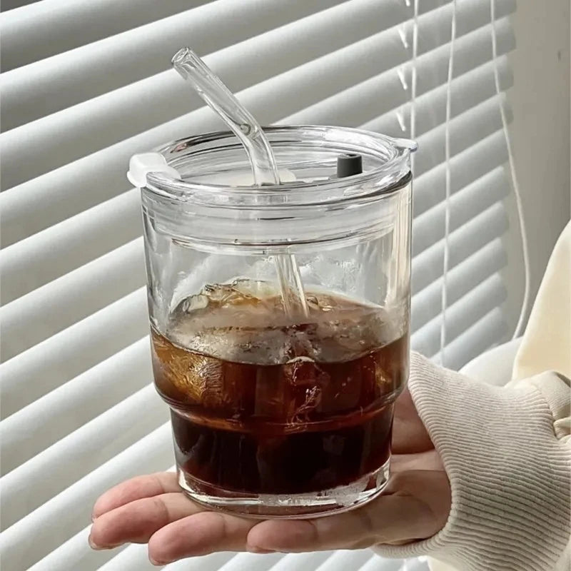 Transparent 400/450ml glass coffee cup / mug with lid and straw