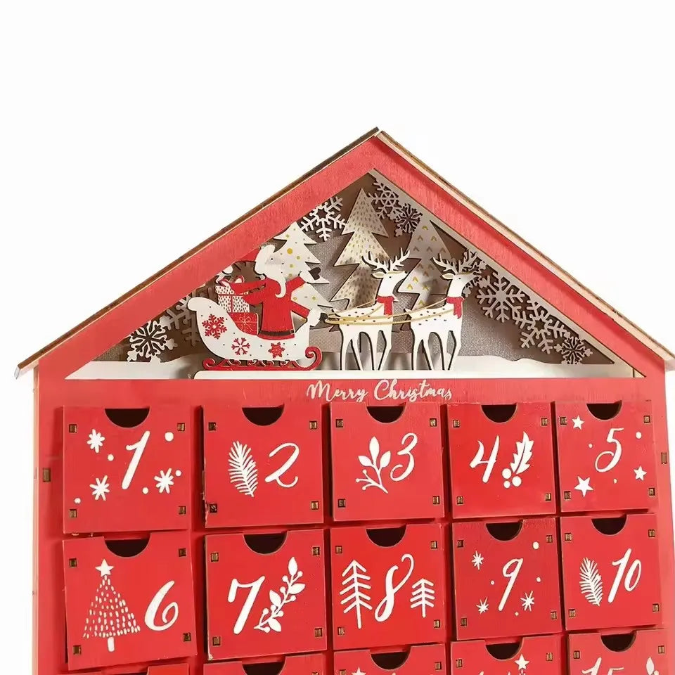 Wooden Christmas Advent Calendar – 24 Drawer Village House with LED Lights, Refillable DIY Countdown Box, Festive Holiday Decoration