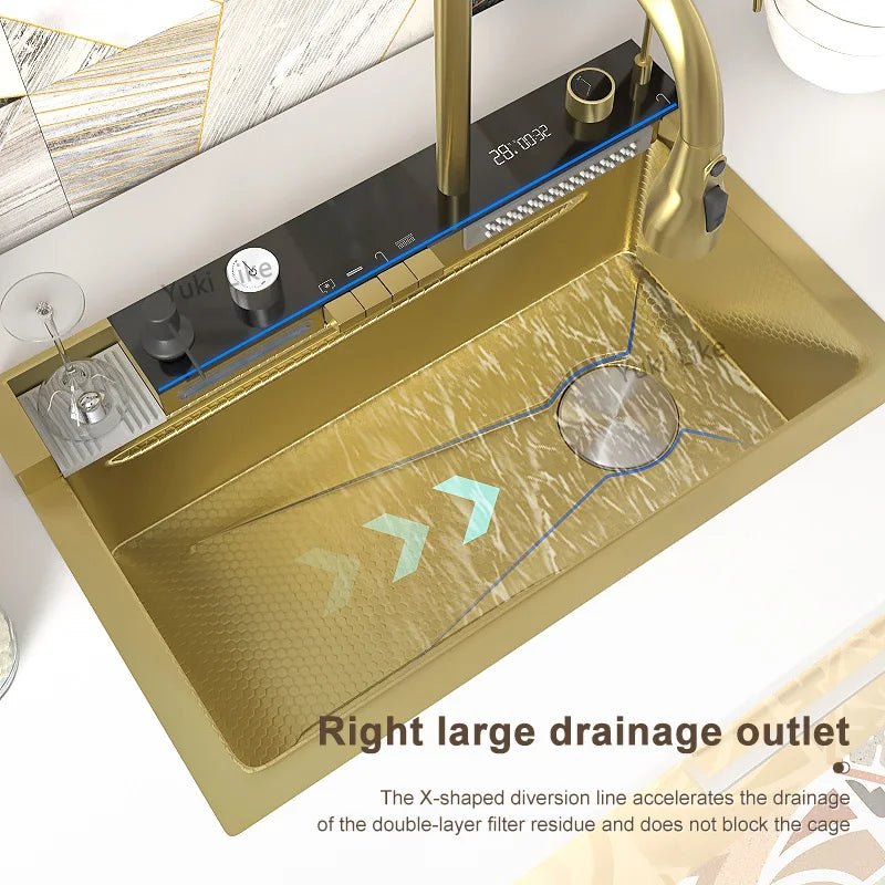 Golden Stainless Steel Waterfall Kitchen Sink