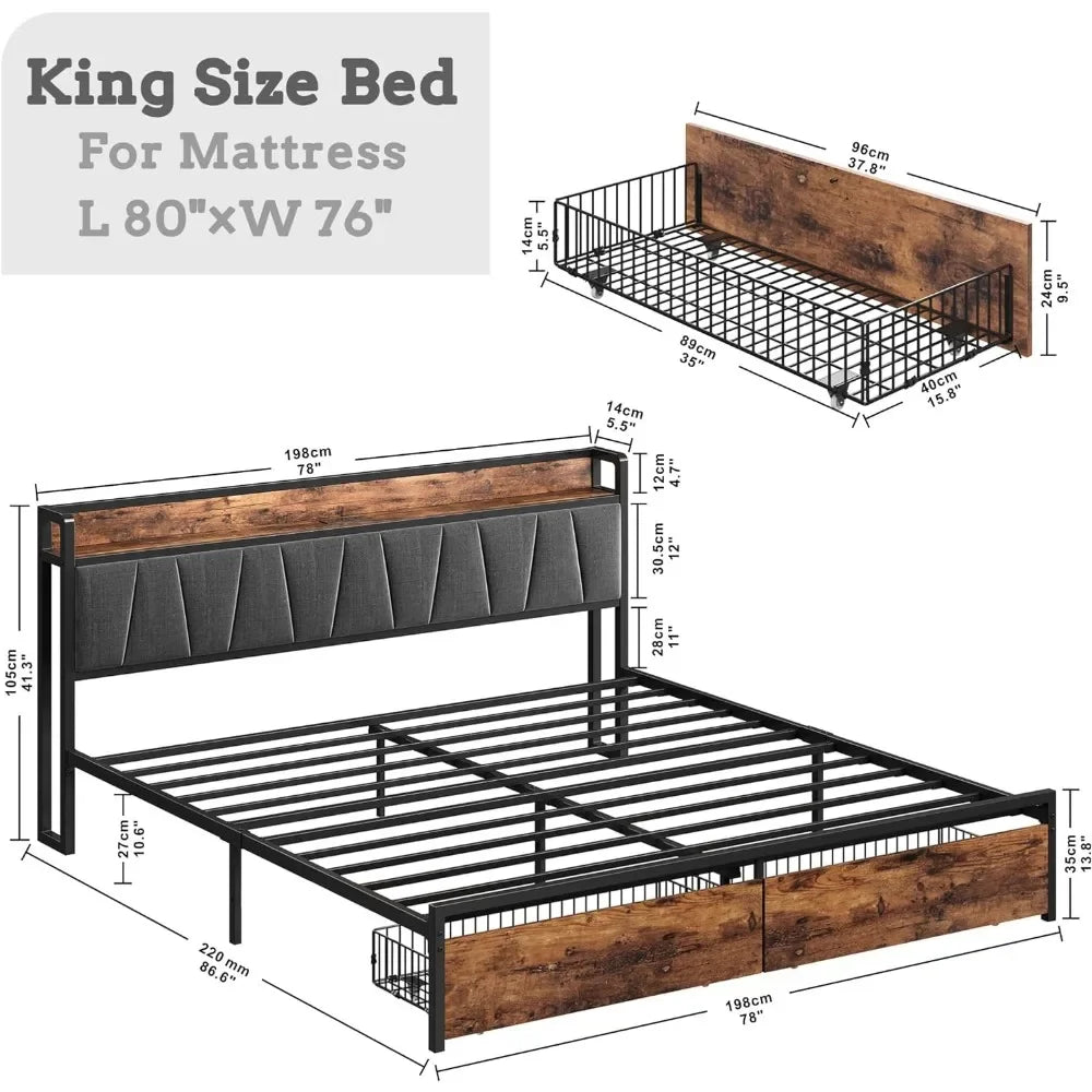 King size bed frame with storage headboard, built-in charging station and drawers