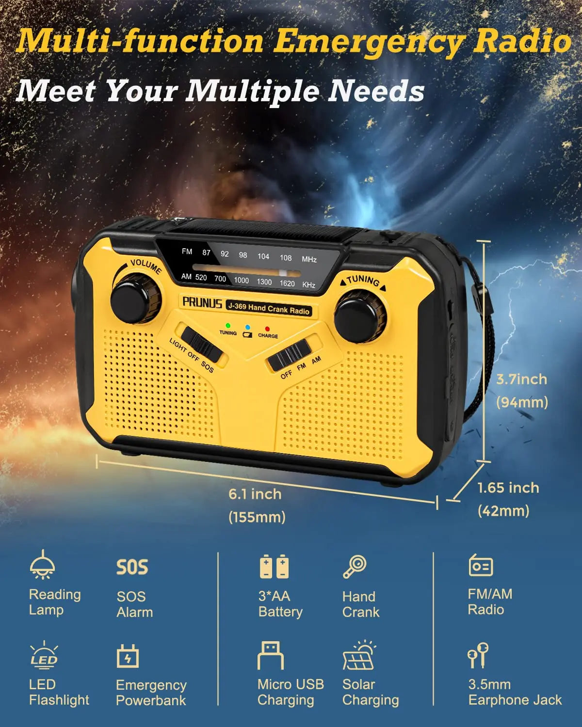 Emergency Radio: AM/FM Portable Radio with Solar Hand Crank, USB, AA Batteries, Rechargeable Torch, Reading Lamp, and SOS Alarm for Emergencies