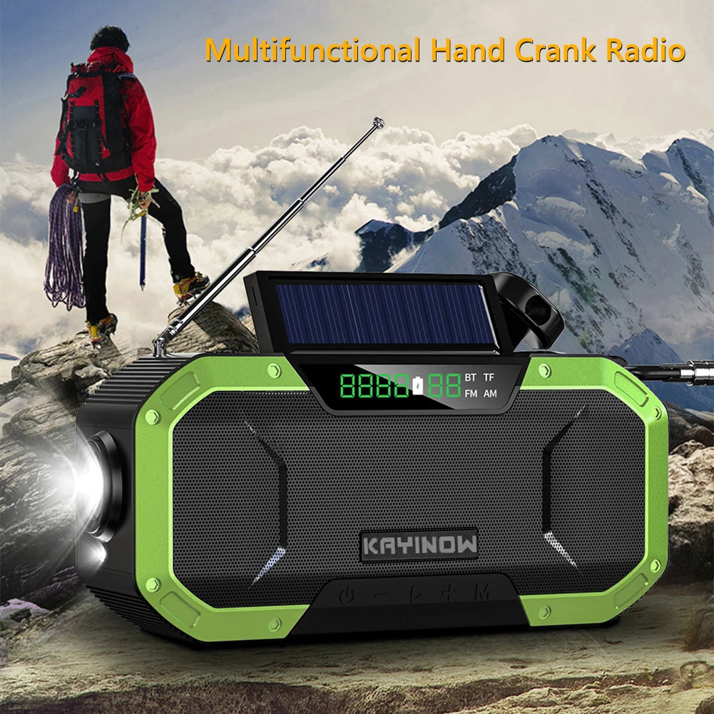 Multifunctional Portable Bluetooth Speaker with Hand Crank Solar Radio, AM/FM, LED Flashlight, 5000mAh Power Bank, and IPX5 Waterproof Rating.