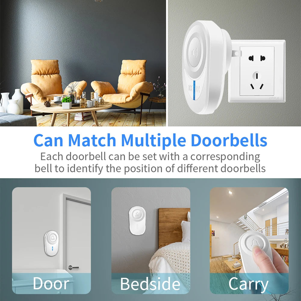 Security Wireless Doorbell 1Set Outdoor Waterproof Door Chime Kit 48 Chords LED Flash 97dB Smart Home Security Alarm Door Bell