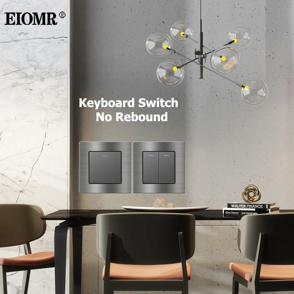 EIOMR F6 Series Gray Aluminum Alloy Panel Light Switch EU Electrical 86mm Single Socket 146mm Double Outlet Usb Wall TV Socket