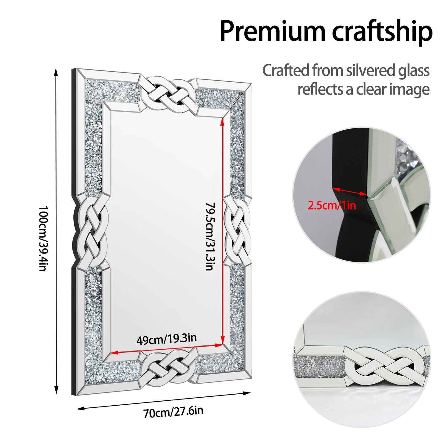 Crystal Crush Diamond Wall Mirror – Silver Rectangular Vanity Decor (90–120cm)
