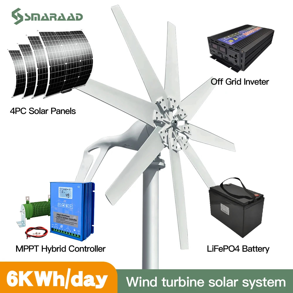 6kwh Horizontal Wind Turbine 12V 24V 48V With Free Controller and Solar Cell System For Household 220V