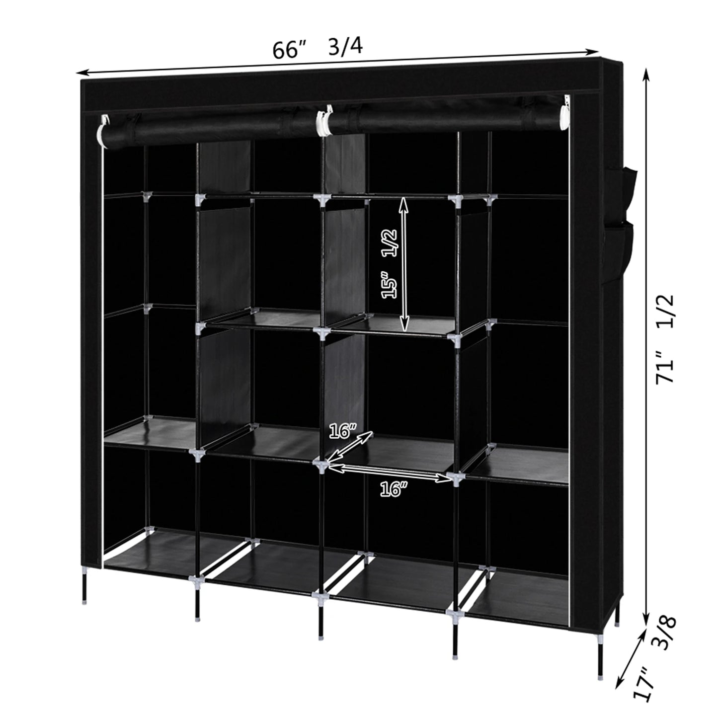 67" Clothes Closet Portable Wardrobe Clothes Storage Rack with 12 Shelves and 4 Side Pockets,Storage Cabinet Bedrooms Closet