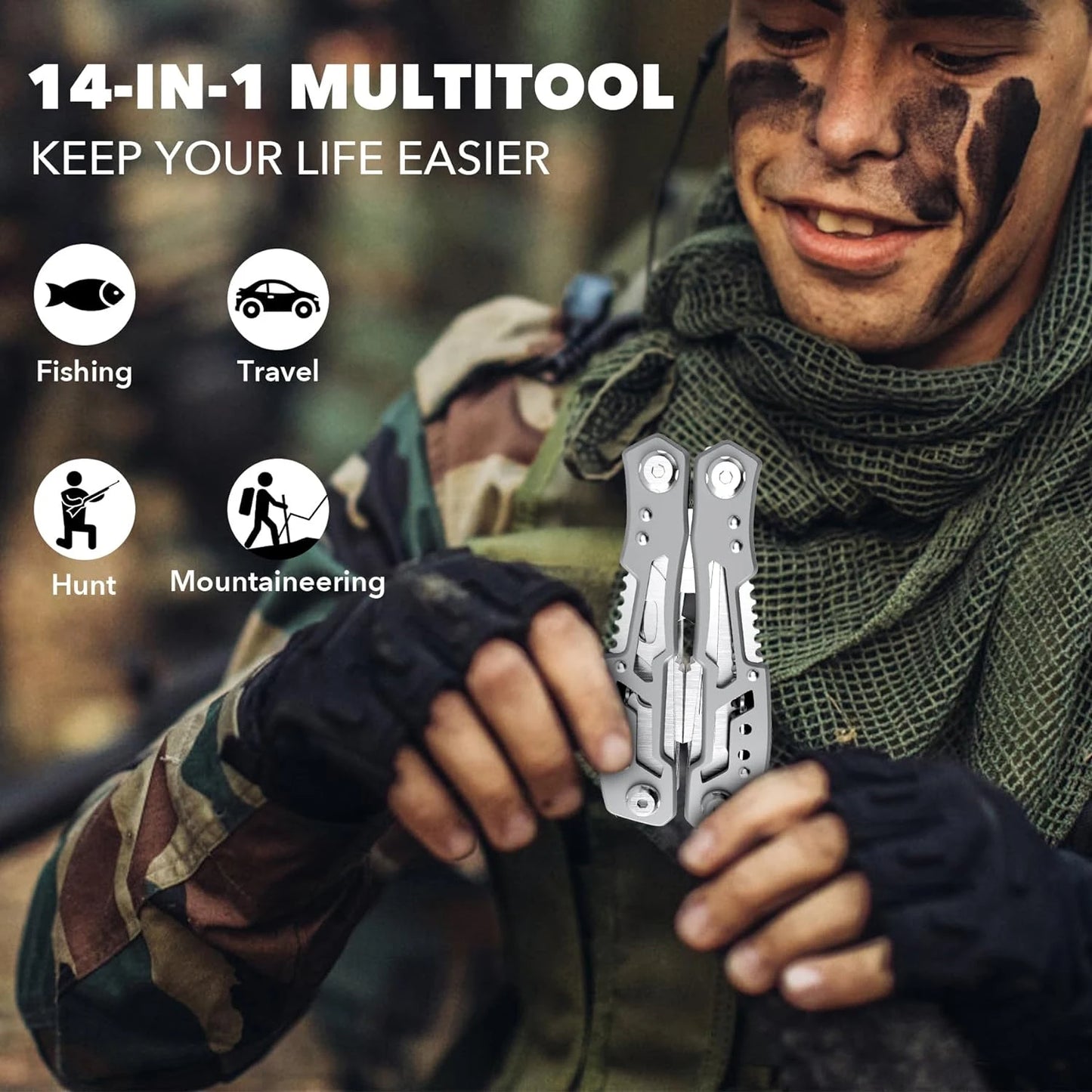 14-In-1 Multitool Pliers Premium Portable Safety Locking Pocket Knife Apply to Survival Camping Gifts for Dad Husband Boyfriend