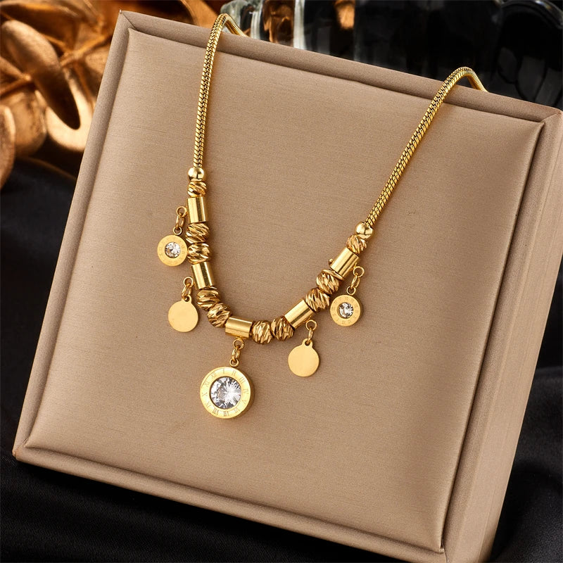 DIEYURO 316L Stainless Steel Round Roman Numeral Zircon Pendant Necklace For Women Vintage Ethnic Ladies Chain Jewelry Gifts