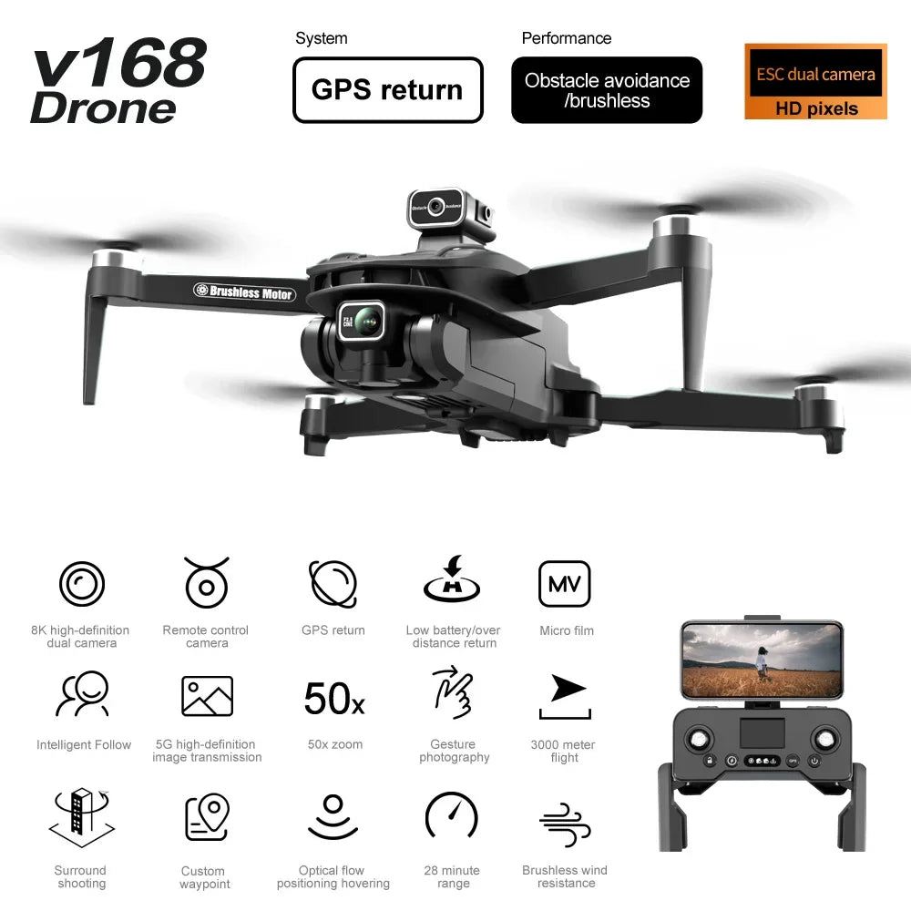 New V168 Professional Drone with Three 8K Cameras, GPS, & Four-way Obstacle Avoidance