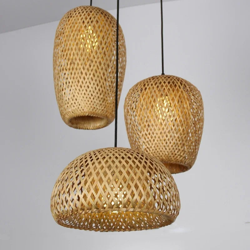 Classic Bamboo Wood Pendant Lamp Set