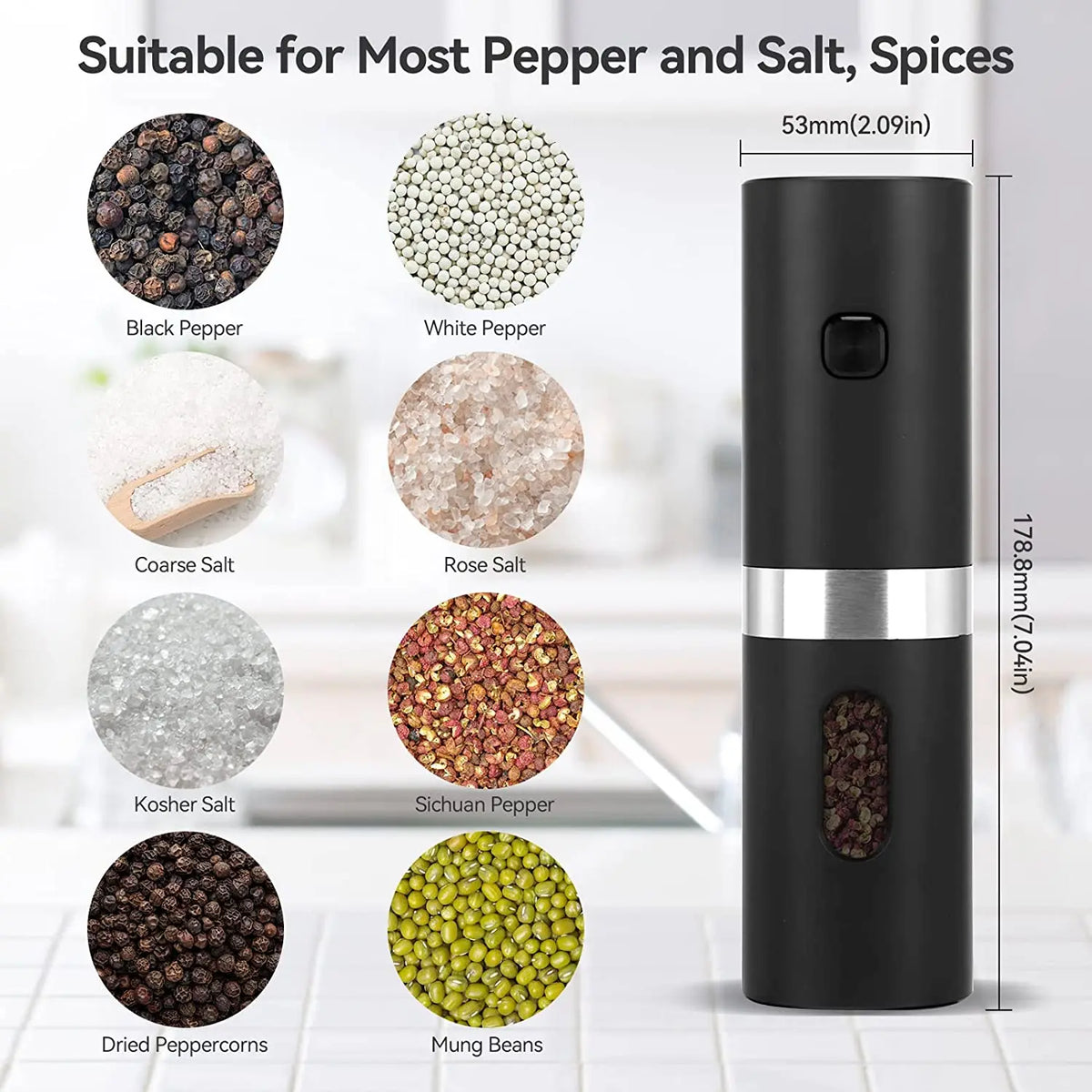 Electric Automatic Salt and Pepper Grinder Set Mill Refillable with Rechargeable Base 2 Adjustable  Coarseness Mills LED Light