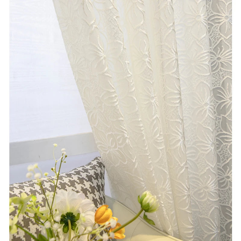 European luxury white tulle embroidered lace curtains