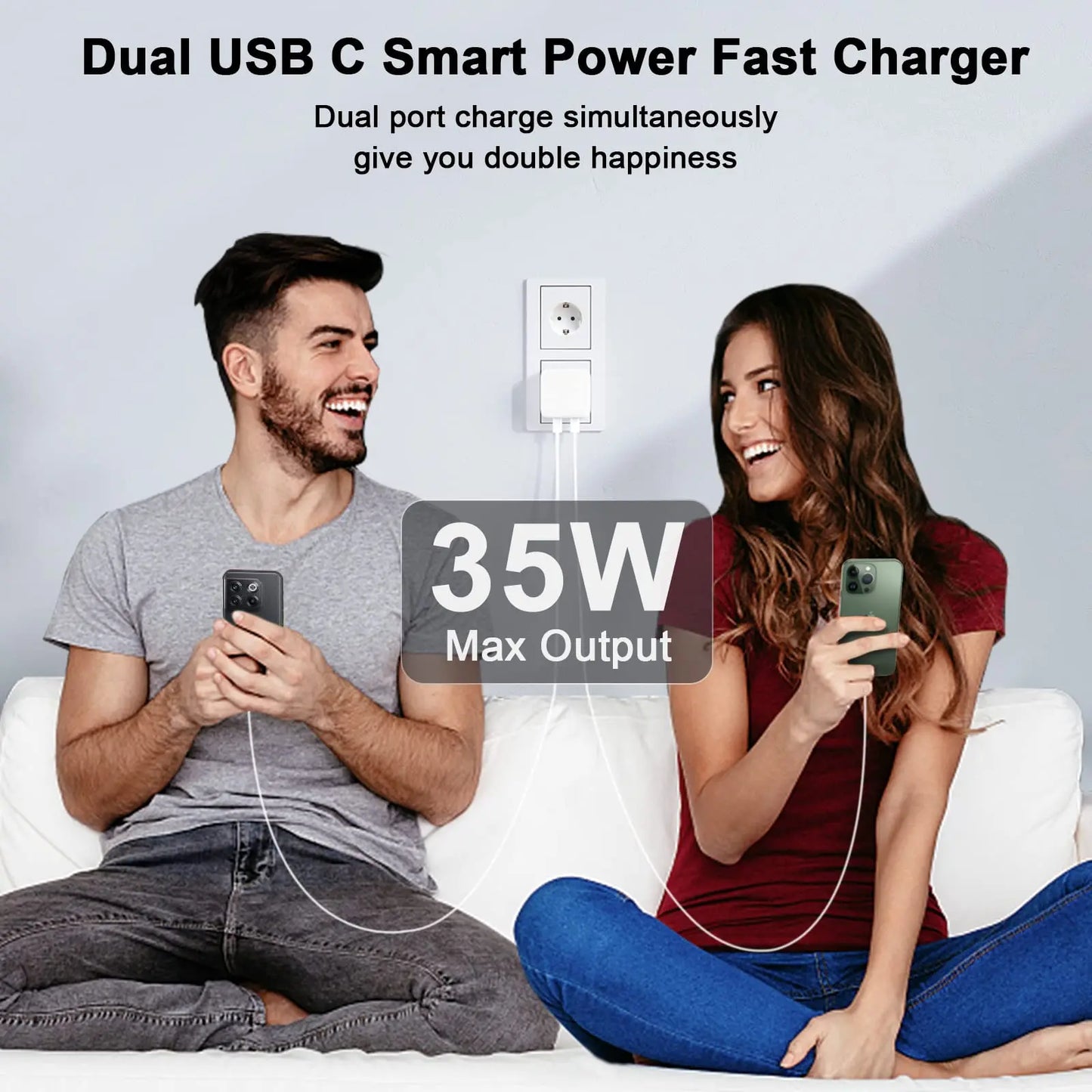 35W USB C Power Adapter Dual USB Type C Plug Fast Wall Charger Block with Charging Cable for iPhone 14/13/iPad/Samsung and More