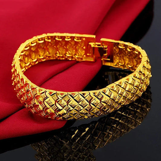 Pure 14k Gold Color Men's Watch Bracelet Gentleman Bracelets for Men Women Bangle Hand Chain, Wedding Engagement Fine Jewelry