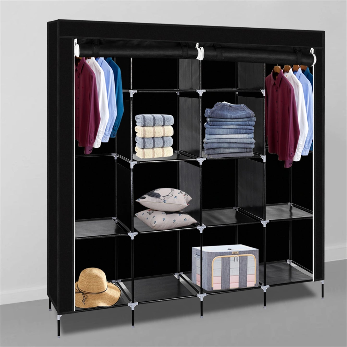 67" Clothes Closet Portable Wardrobe Clothes Storage Rack with 12 Shelves and 4 Side Pockets,Storage Cabinet Bedrooms Closet