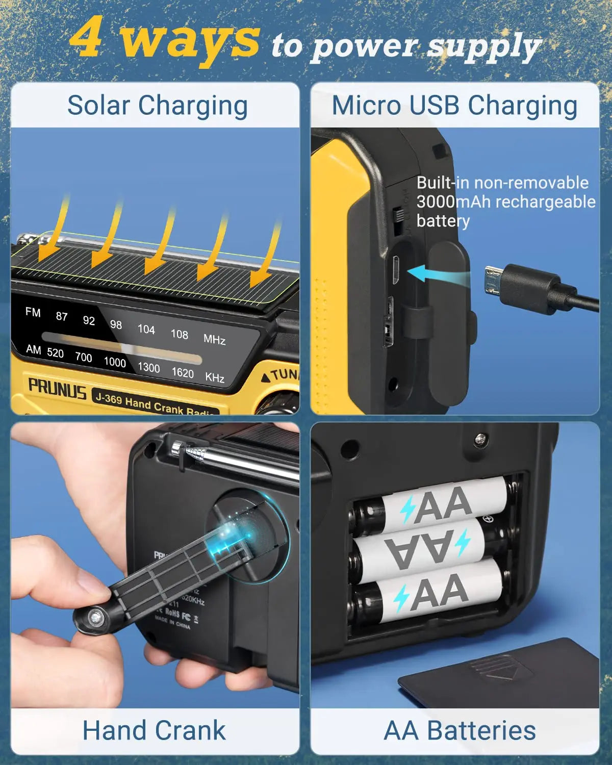 Emergency Radio: AM/FM Portable Radio with Solar Hand Crank, USB, AA Batteries, Rechargeable Torch, Reading Lamp, and SOS Alarm for Emergencies