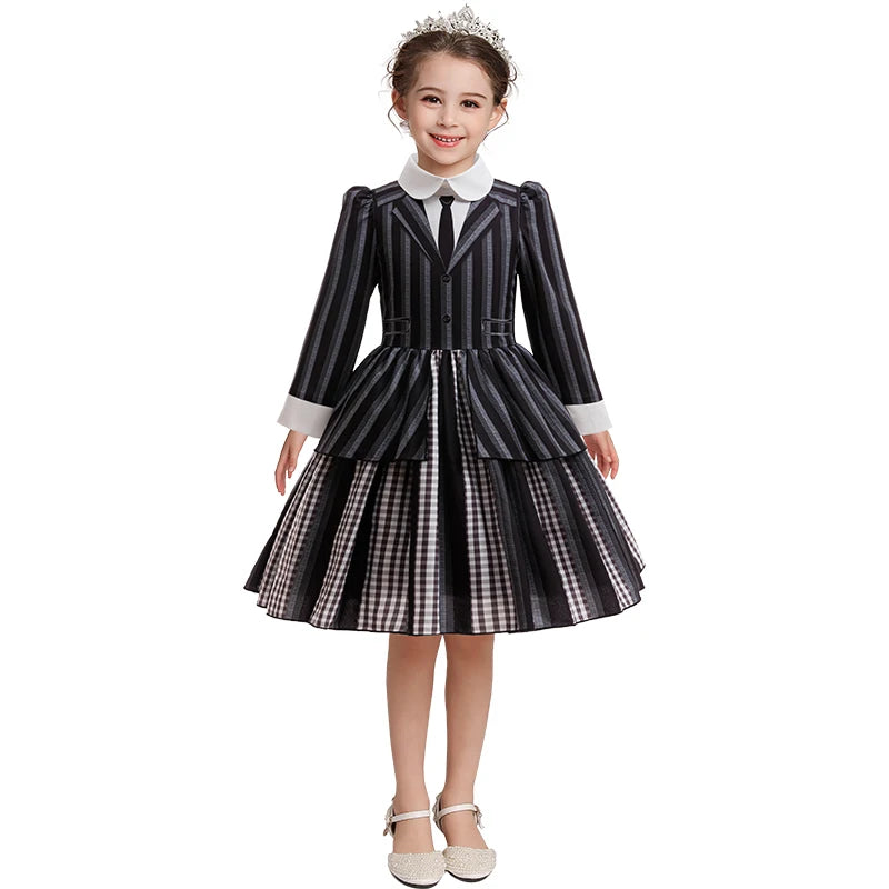 Girls Party Dresses Black Princess Dress+Socks+Wig Sets For Children Halloween Cosplay Costume Carnival Movie Role Play Dress Up