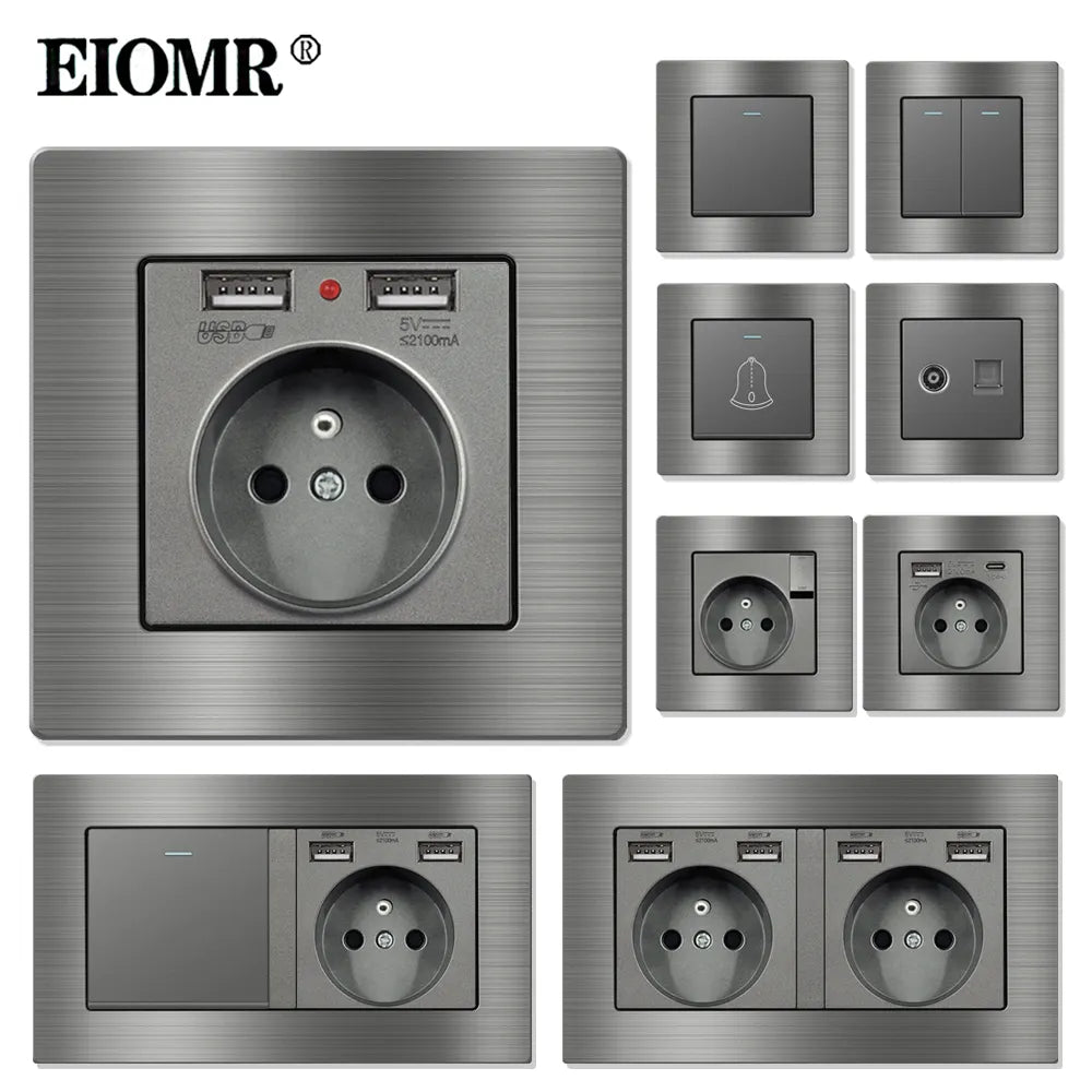 EIOMR France Standard Electrical Socket Grey Aluminum Alloy Panel Light Switch Rj45 Tv 220V 16A Wall Outlets for Home Appliance