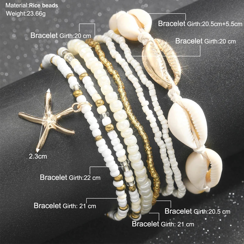 7pc/set Bohemian Rice Beads Starfish Pendant Anklet Set Fashion Summer Beach Sea Shell Multilayer Ankle Bracelet On Foot Jewelry