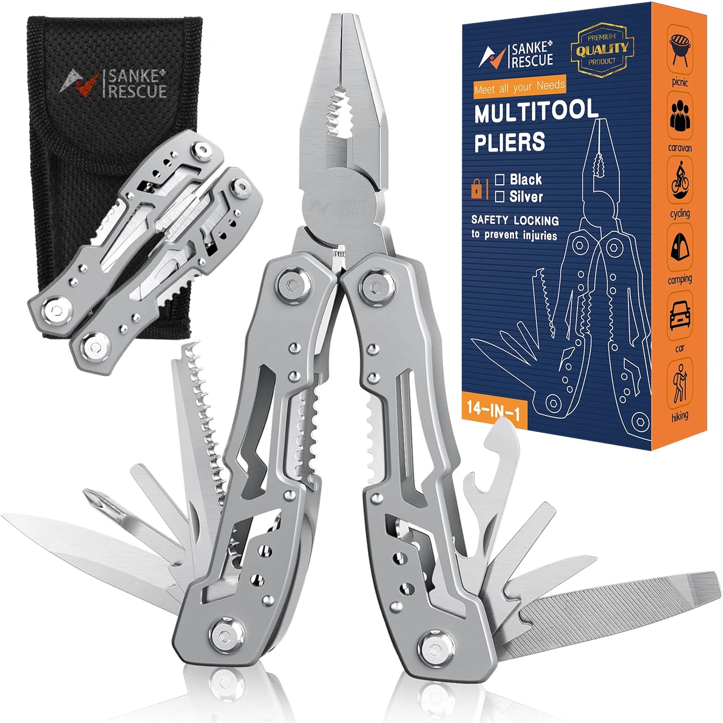 14-In-1 Multitool Pliers Premium Portable Safety Locking Pocket Knife Apply to Survival Camping Gifts for Dad Husband Boyfriend