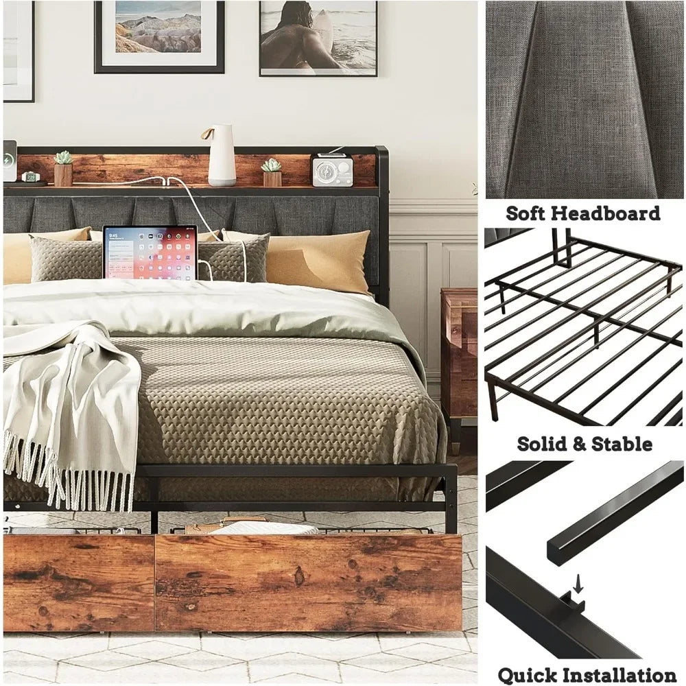 King size bed frame with storage headboard, built-in charging station and drawers