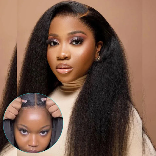 Kinky Straight Glueless Wigs For Women Ready To Wear And Go 180 Density 4x4 Lace Closure Wig Pre Cut Lace Human Hair Wig Natural