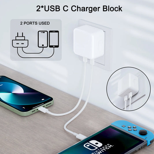 35W USB C Power Adapter Dual USB Type C Plug Fast Wall Charger Block with Charging Cable for iPhone 14/13/iPad/Samsung and More