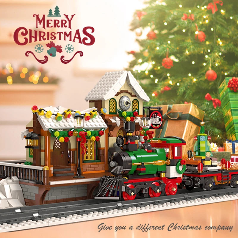 Christmas Train Platform With Light Street View Building Blocks Bricks Winter House Railway Station Model Assembly Toy Kid Gifts