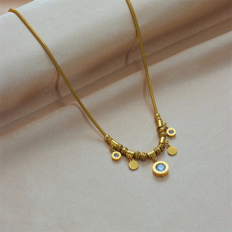 DIEYURO 316L Stainless Steel Round Roman Numeral Zircon Pendant Necklace For Women Vintage Ethnic Ladies Chain Jewelry Gifts