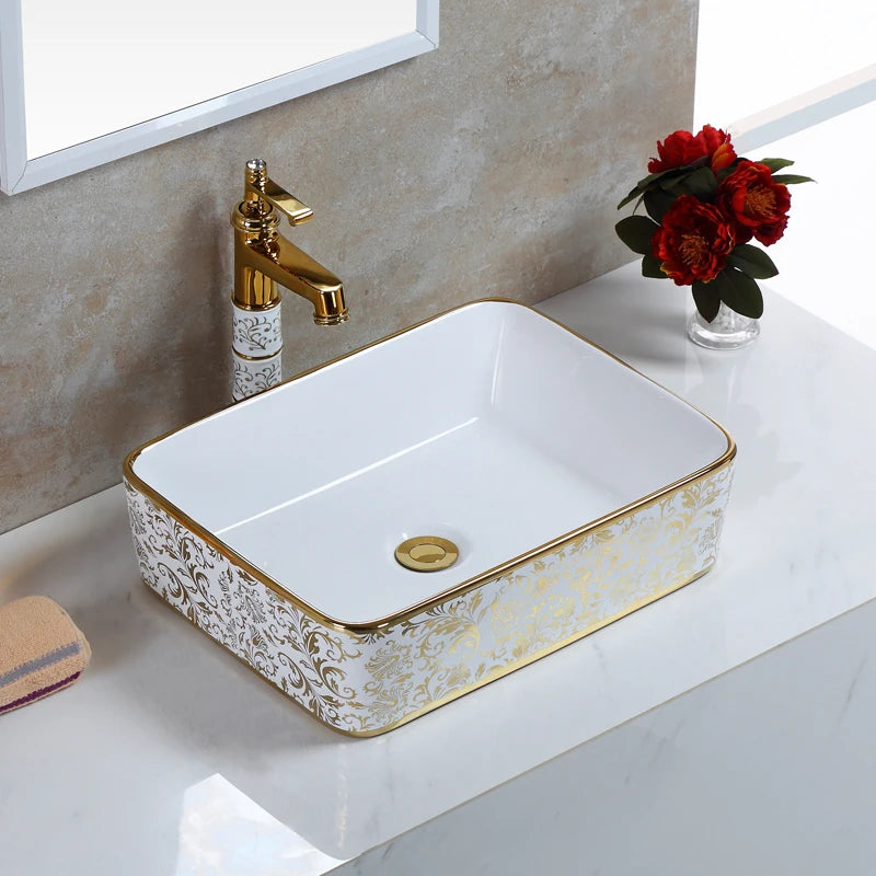 Golden Flower Design Ceramic Bathroom Sink Set