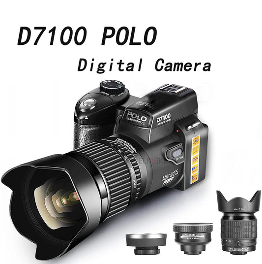 POLO D7100 24X Optical Zoom HD Digital Camera, 33 Million Pixels, Auto Focus, Professional DSLR with Three Lenses for Outdoor Use