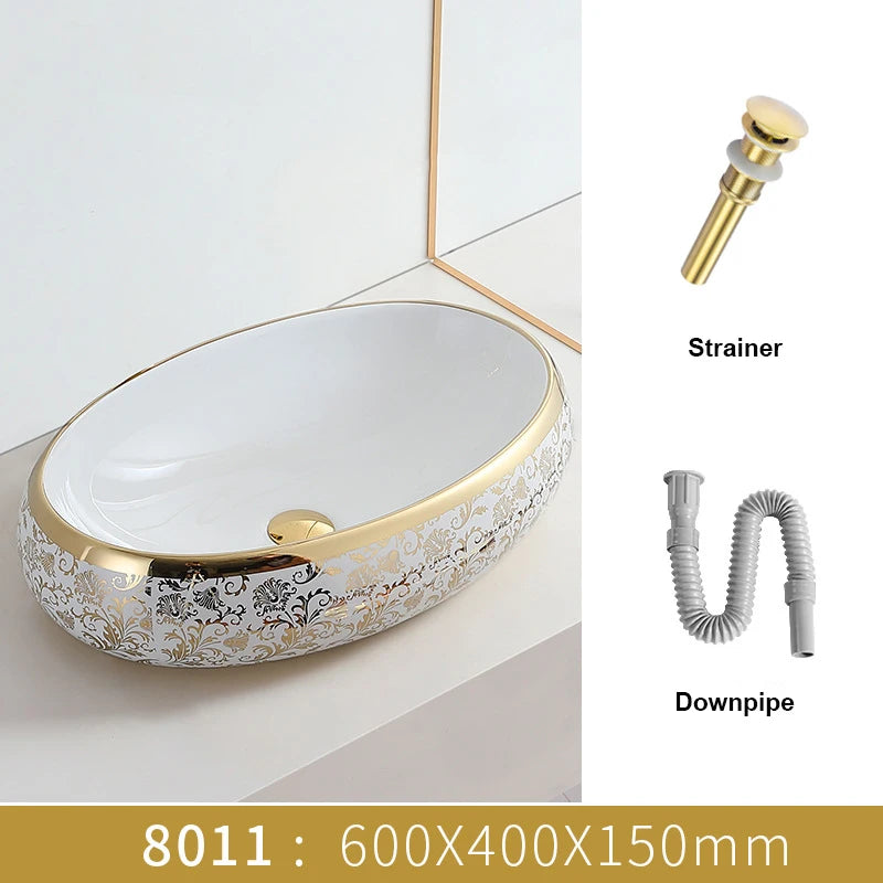 Golden Flower Design Ceramic Bathroom Sink Set