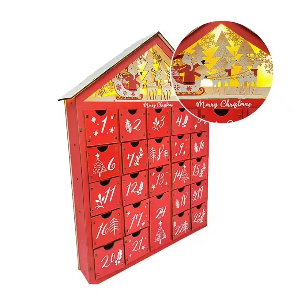 Wooden Christmas Advent Calendar – 24 Drawer Village House with LED Lights, Refillable DIY Countdown Box, Festive Holiday Decoration