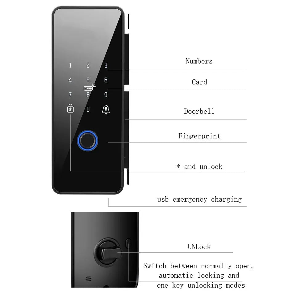 Tuya Fingerprint Door Lock for Wooden Iron Frame Glass Bluetooth Smart Electronic Biometric Lock 13.56Mhz RFID Remote Control Un
