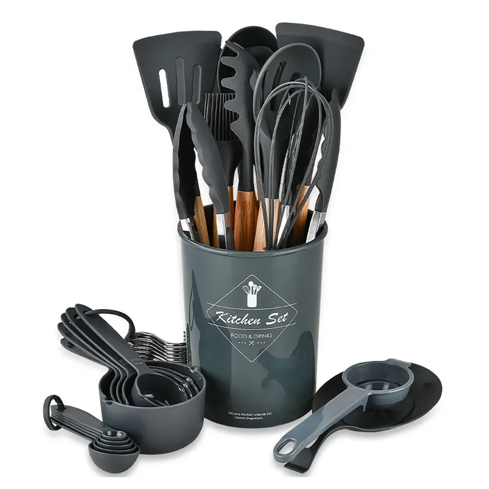 34Pcs Silicone Utensils Set with Wooden Handles