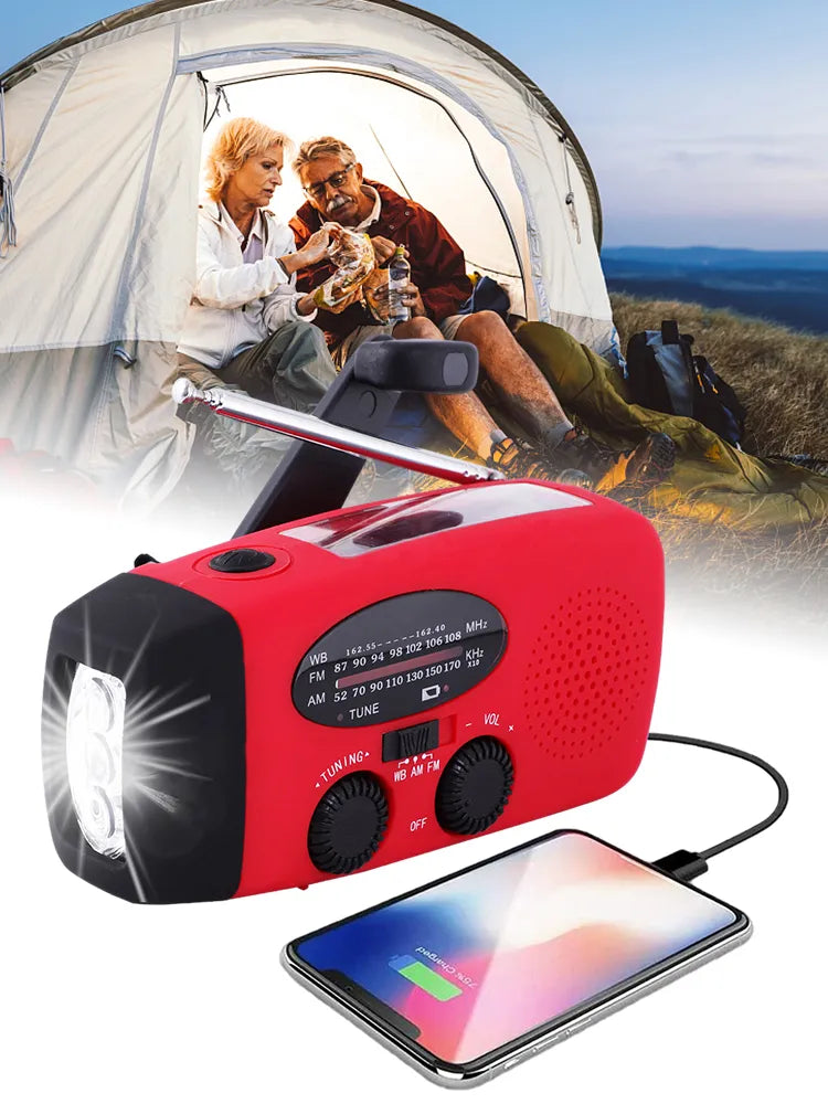 Multifunctional Solar Powered Hand Crank Radio with FM/AM/WB NOAA Weather Band, 2000mAh USB Charging, Emergency LED Flashlight, and Power Bank