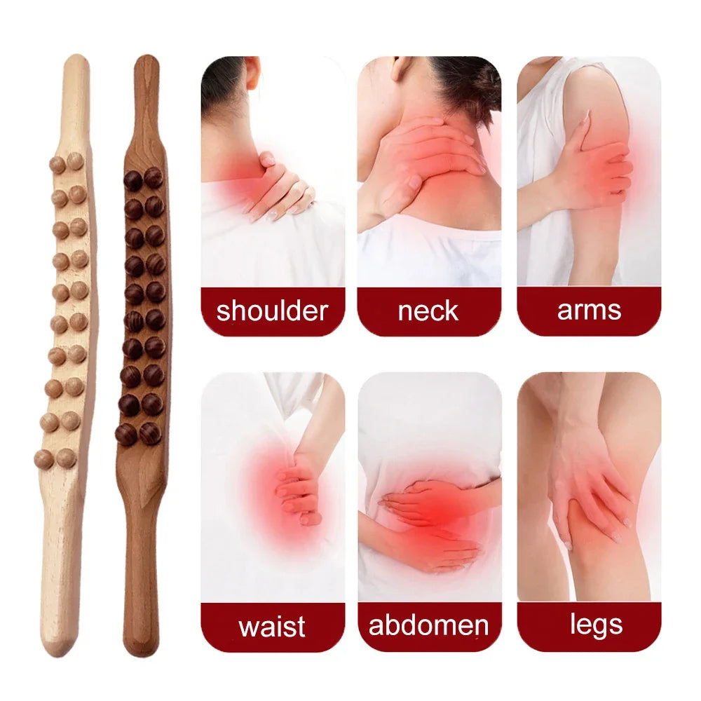 20 Beads Wood Lymphatic Drainage Massager Handheld Massage Therapy Stick for Neck Back Pain Relief Stomach Body Shaping Roller