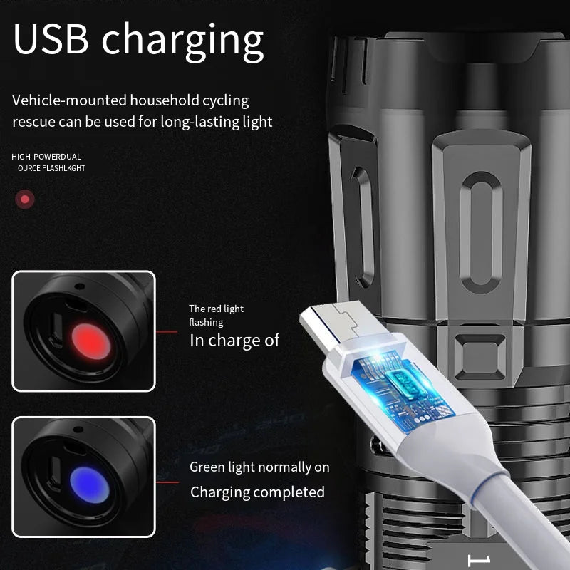 Versatile LED flashlight with 3 brightness USB rechargeable battery