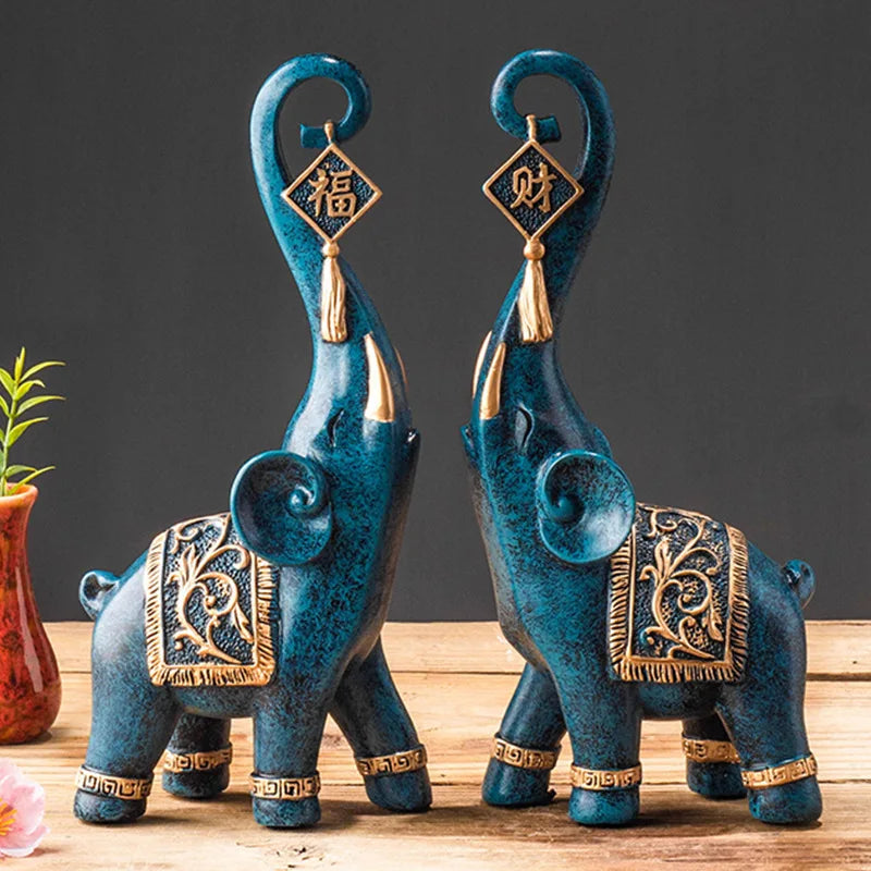 Chinese Style Lucky Wealth Elephant Trunk Figurine Home Decor Resin Statue Craft Gift