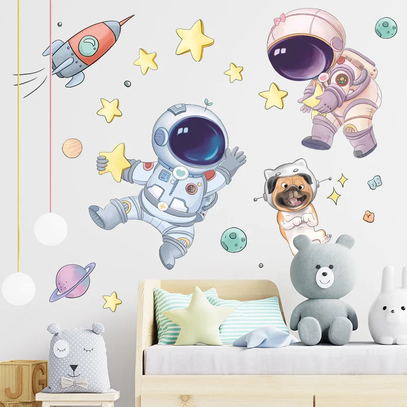 Lovely Starry Sky Astronaut Wall Sticker Kids Bedroom Background  Decoration Mural Home Decor Nursery Self-adhesive Wallpaper