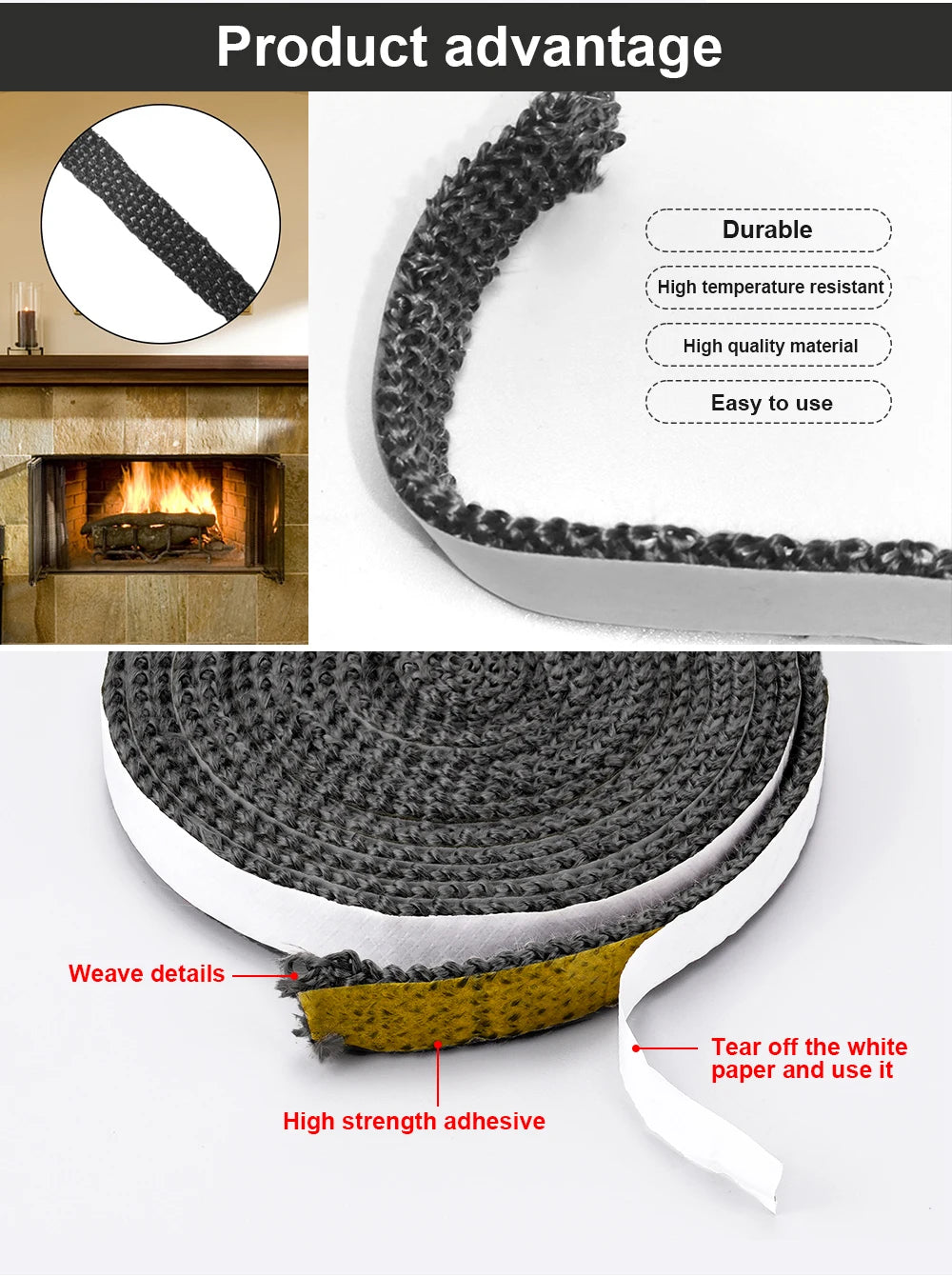 2/3m 10/15mm Log Burner Stove Rope Fireproof Self-Adhesive Glass Fiber Fireplace Door Sealing Replacement Gasket Tape Fire Rope