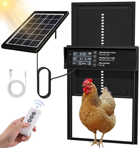 Solar Chicken Coop Door, Automatic Chicken Door Solar Powered & USB Charging, Auto Chicken Door 4 Modes with Timer & Light Sensor