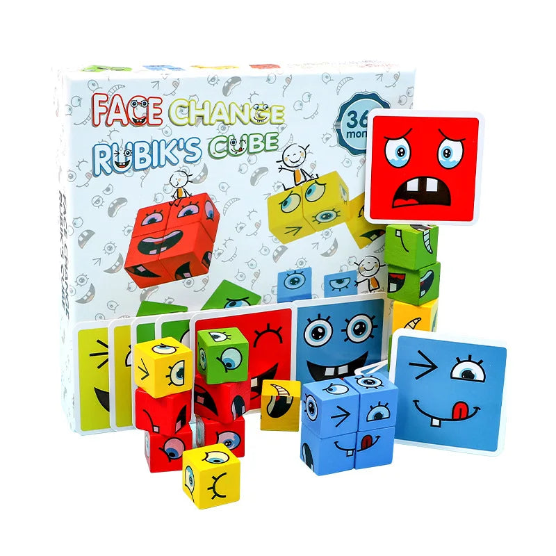 Cube Face Changing Building Blocks Board Game Cartoon Puzzle Montessori Toys Wooden Level Game Thinking Challenge Kids Toys