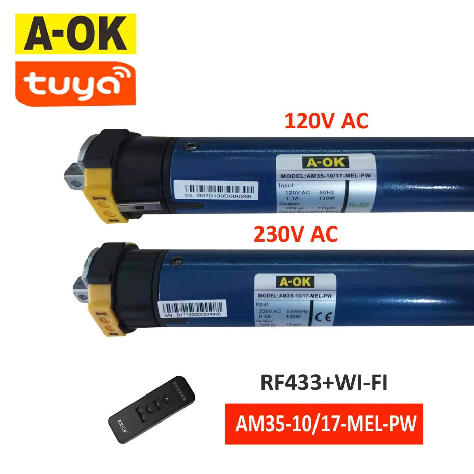 A-OK AM35 10/17 Smart Rolling Tubular Motor,RF433 Remote+Tuya wifi App,for 40/45mm/47mm/50mm Tube,for Rolling Blinds,230V/120V