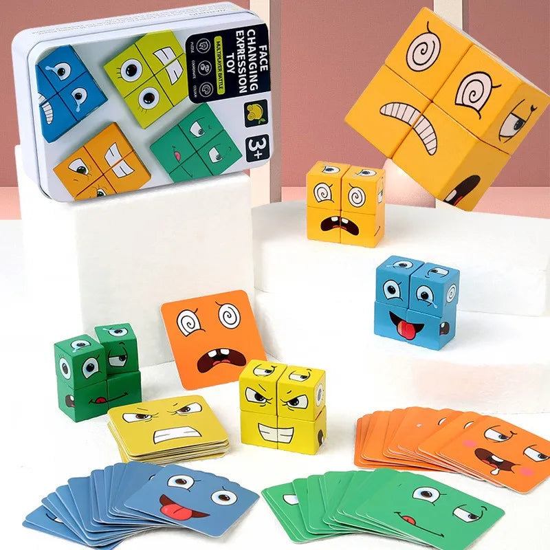 Cube Face Changing Building Blocks Board Game Cartoon Puzzle Montessori Toys Wooden Level Game Thinking Challenge Kids Toys