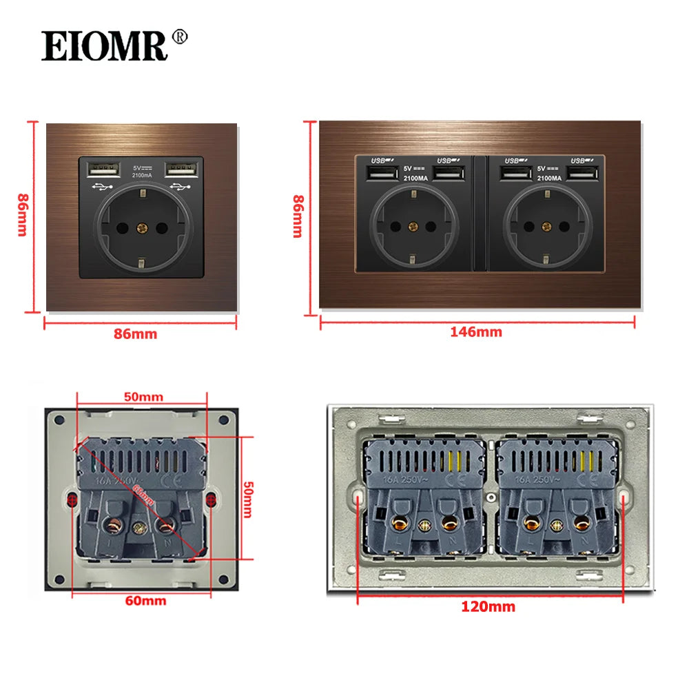 EIOMR 16A EU Wall Light Switch and Electrical Outlets F2 Series Red Aluminum Alloy Panel Usb Wall Plug TV Computer Rj45 Sockets