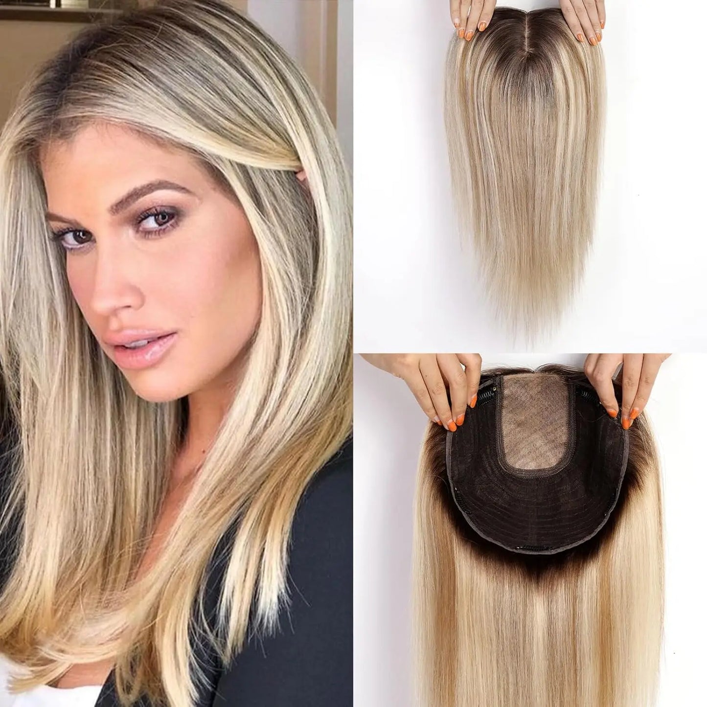 9x9inch Large Base Hair Pieces Dark Brown Human Hair Toppers 16 inch Toppers for Women with Multiple Non-slip Clips