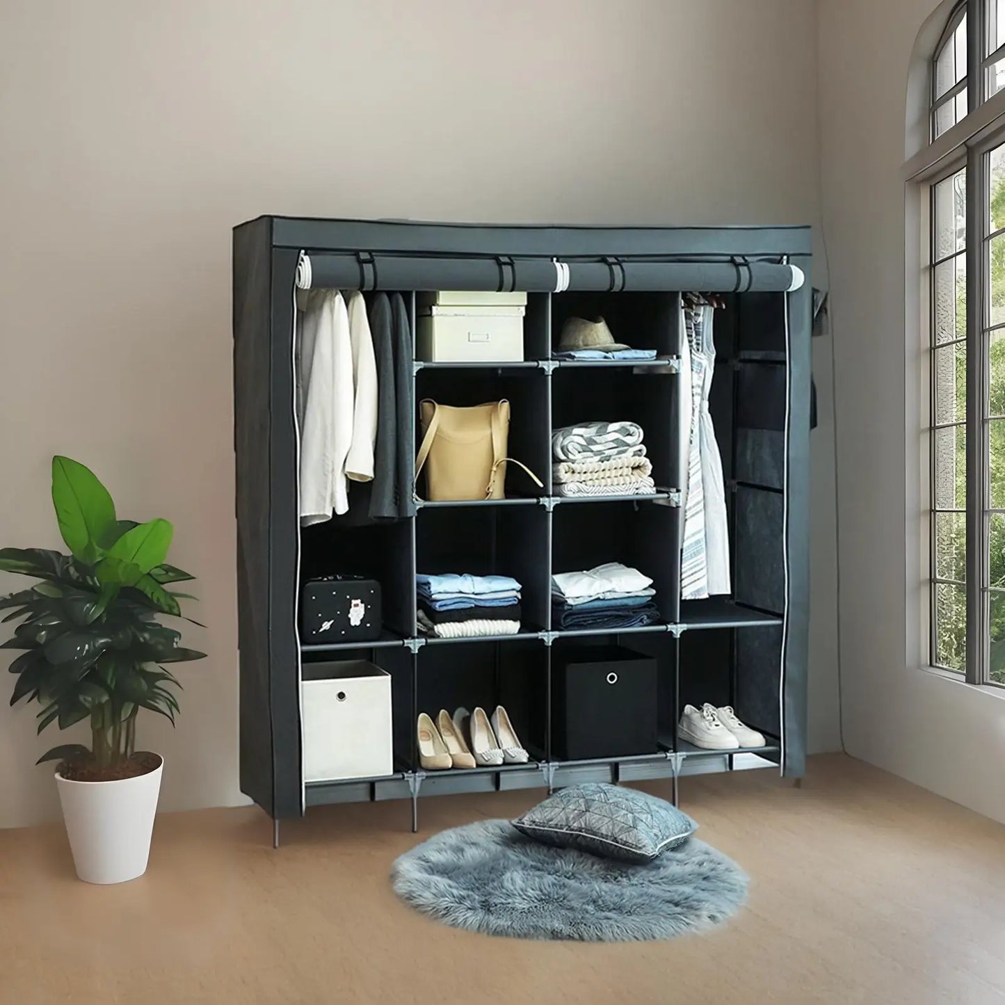 67" Clothes Closet Portable Wardrobe Clothes Storage Rack with 12 Shelves and 4 Side Pockets,Storage Cabinet Bedrooms Closet