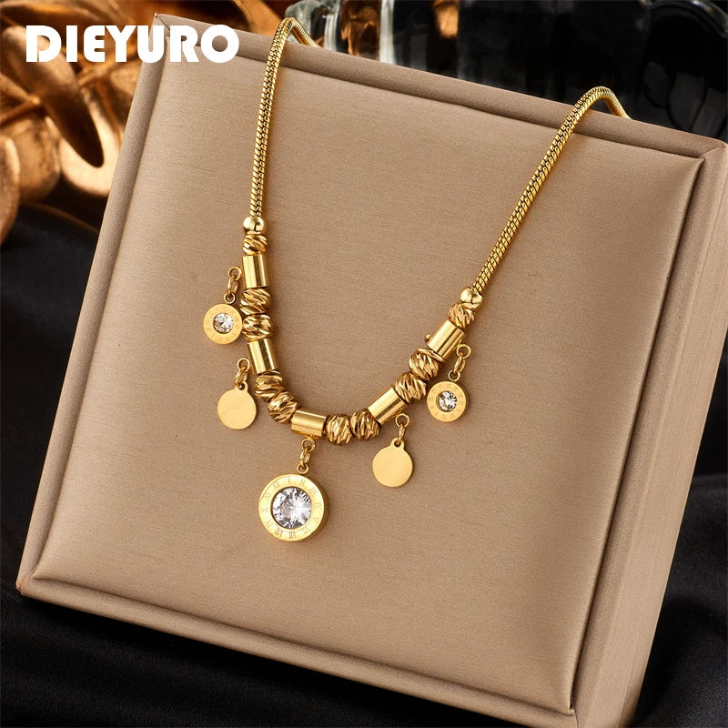 DIEYURO 316L Stainless Steel Round Roman Numeral Zircon Pendant Necklace For Women Vintage Ethnic Ladies Chain Jewelry Gifts